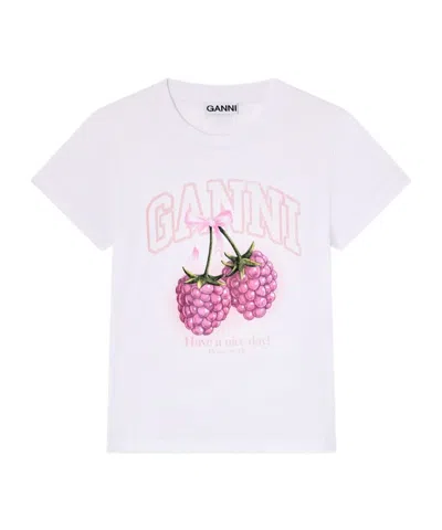 Ganni Cotton Crew Neck Graphic Print T-shirt In White