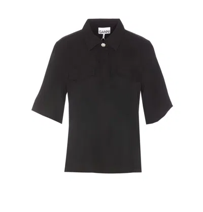 Ganni Short-sleeved Twill Blouse For In Black