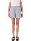 Ganni Violet Shorts With Logo Patch On The Front And All-over Striped Motif In Viscose Blend Woman In Light Blue Striped