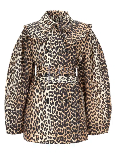 Ganni Short Trench Coat With Leopard Print In Animal Print