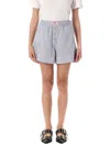 Ganni Violet Shorts With Logo Patch On The Front And All-over Striped Motif In Blue
