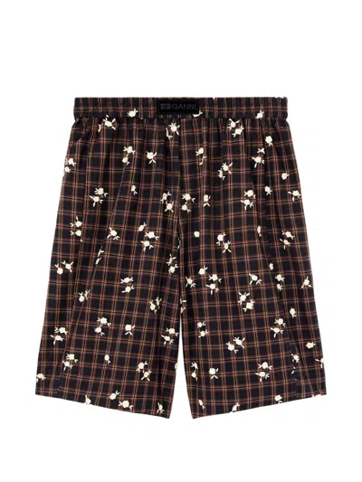 Ganni Shorts In Floral Check In Brown