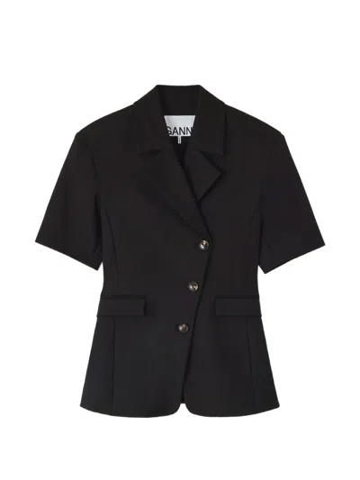 Ganni Short-sleeved Asymmetric-fastening Blazer In Black