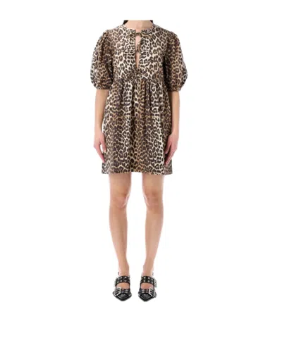 Ganni Short-sleeved Dress In Brown