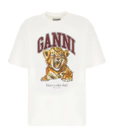 Ganni Women White Crew Neck Graphic Print T-shirt, Xs Luxury T-shirts For Women Darveys