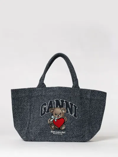 Ganni Denim Large Bear Tote Bag In Organic Cotton Tweed In Pattern