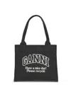 Ganni Women Black Shopper With Embroidered Logo On The Front In Denim Woman In Black