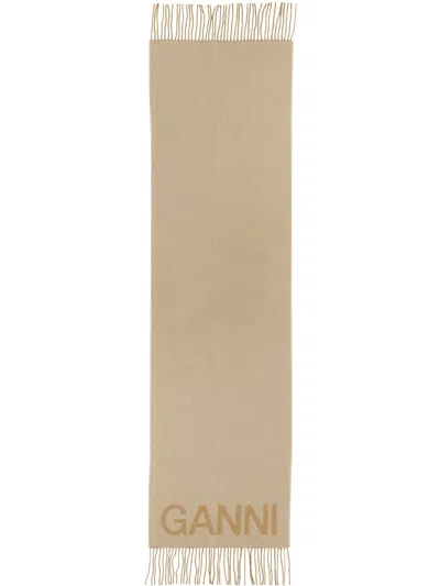 Ganni Signature Logo Scarf In Brown