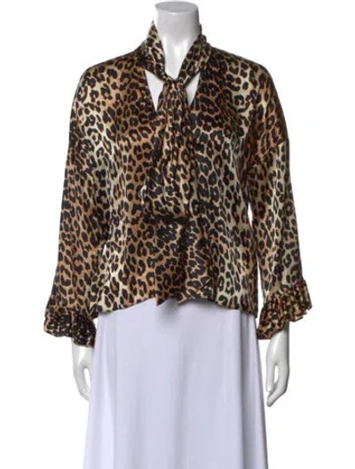 Pre-owned Ganni Silk Animal Print Blouse In Brown