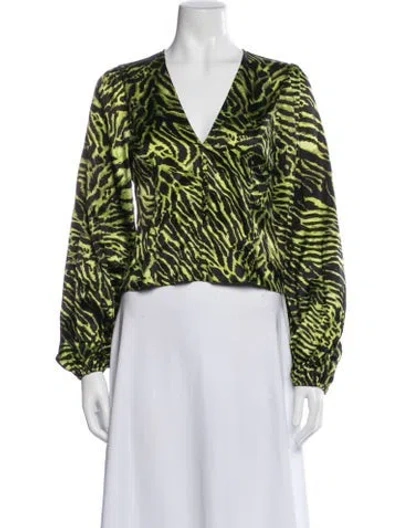 Pre-owned Ganni Silk Animal Print Top In Green