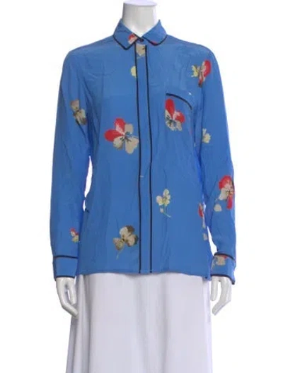 Pre-owned Ganni Silk Floral Print Blouse In Blue
