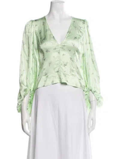 Pre-owned Ganni Silk Floral Print Blouse In Green