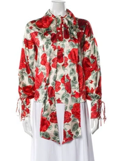 Pre-owned Ganni Silk Floral Print Blouse In Red