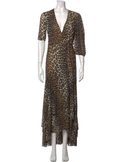 Pre-owned Ganni Silk Long Dress In Brown