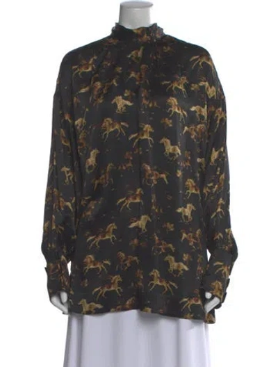 Pre-owned Ganni Silk Printed Blouse In Black