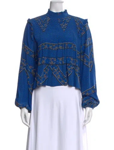 Pre-owned Ganni Silk Printed Blouse In Blue