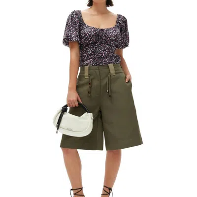 Ganni Ruched Silk-stretch Blouse In Kalamata