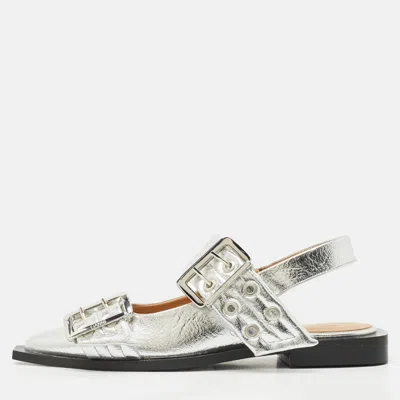 Pre-owned Ganni Silver Leather Buckle Slingback Flats Size 37
