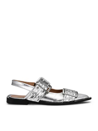 Ganni Silver Metallic Feminine Buckle Ballerinas In White