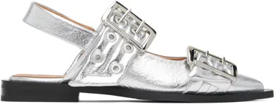 Ganni Silver Metallic Feminine Buckle Flats