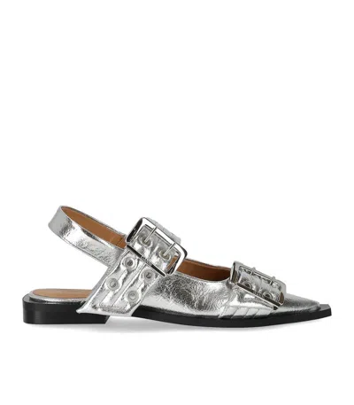 Ganni Silver Slingback Ballet Flat Shoe With Buckles In White