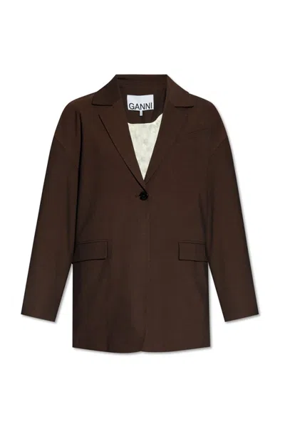 Ganni Single Breasted Blazer In Brown