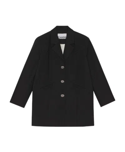 Ganni Single-breasted Shoulder-pads Blazer In Black