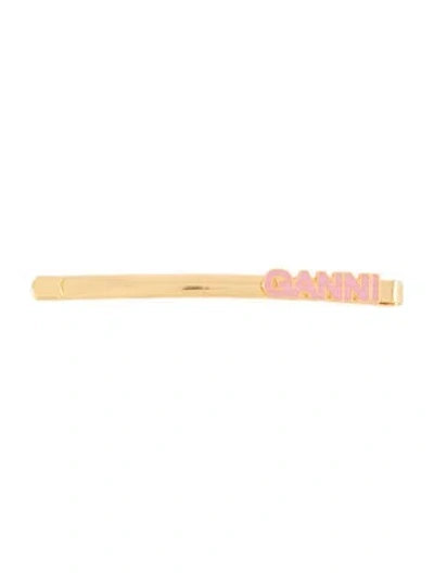 Pre-owned Ganni Single Hair Clip With Logo In Gold