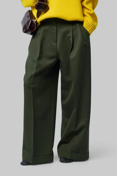 Ganni Single Wool Twill Oversized Pleated Pants In Green