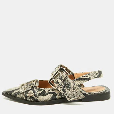 Pre-owned Ganni Size 39 Green/grey Snakeskin Embossed Leather Slingback Flats In Multi