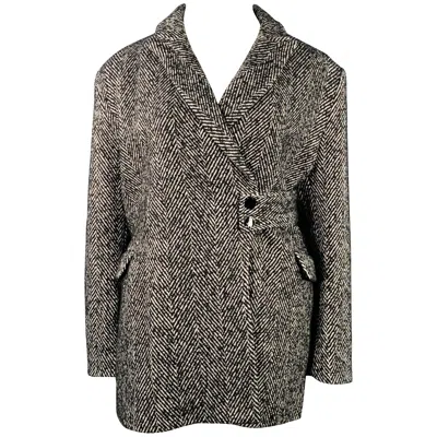 Pre-owned Ganni Size Xl Grey Wool Blend Tweed Belted Coat In Gray