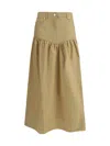 Ganni Womens Pale Khaki Summer Suiting Gathered Cotton And Linen Midi Skirt In Brown