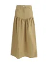 Ganni Womens Pale Khaki Summer Suiting Gathered Cotton And Linen Midi Skirt In Brown