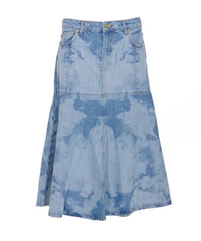 Ganni Bleach Flounce Midi Denim Skirt In Blue