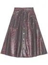 Ganni Leopard Print Foil Denim Midi Skirt In Red