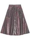 Ganni Leopard Print Foil Denim Midi Skirt In Red