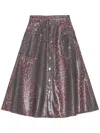 Ganni Leopard Print Foil Denim Midi Skirt In Red