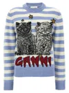 Ganni Light Blue Crewneck With Maxi Logo Print On The Front And All-over Striped Motif In Sky Blue
