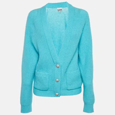 Pre-owned Ganni Sky Blue Rib Knit Embellished Cardigan L
