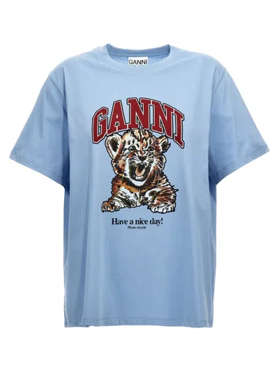 GANNI WOMEN SKY BLUE TIGER COTTON T-SHIRT, XS LUXURY T-SHIRTS FOR WOMEN DARVEYS