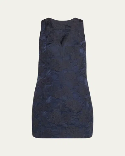 Ganni Navy Blue Botanical Jacquard Tie Strap Mini Dress
