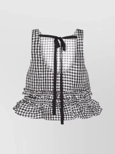 Ganni Sleeveless Checkered Ruffle Bow Tie Top In Black