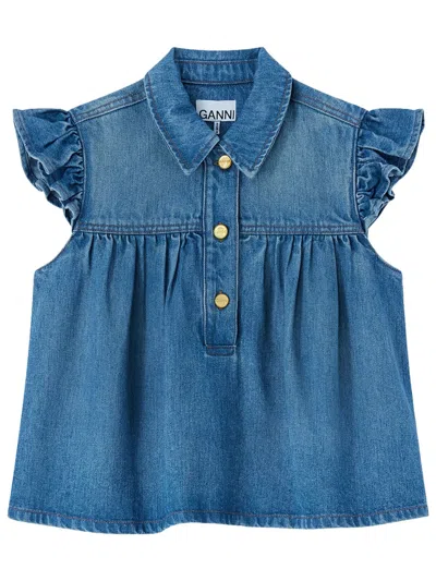 Ganni Sleeveless Collar Blouse In Blue