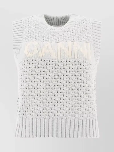 Ganni Sleeveless Crew Neck Knitwear With Textured Knit In White