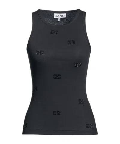 Ganni Sleeveless Crew Neck Vest In Black