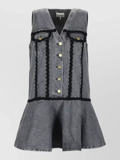 Ganni Sleeveless Dress Contrast Trim Front Pockets In Gray