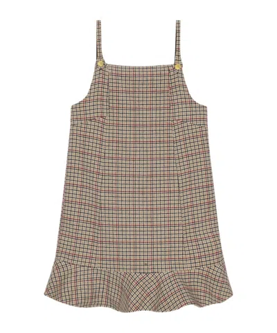 Ganni Pleated Checkered Sleeveless Gown With Ruffle Hem In Brown