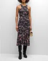 Ganni Ruched Floral-print Stretch-mesh Midi Dress In Phantom