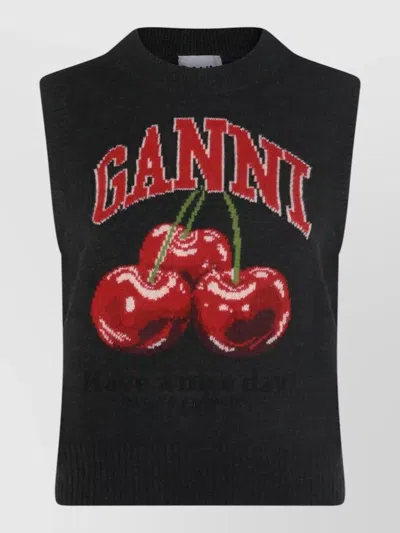 GANNI SLEEVELESS INTARSIA KNIT CREW NECK TOP