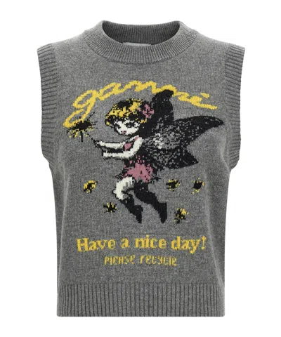 Ganni Sleeveless Knitted Vest In Neutral